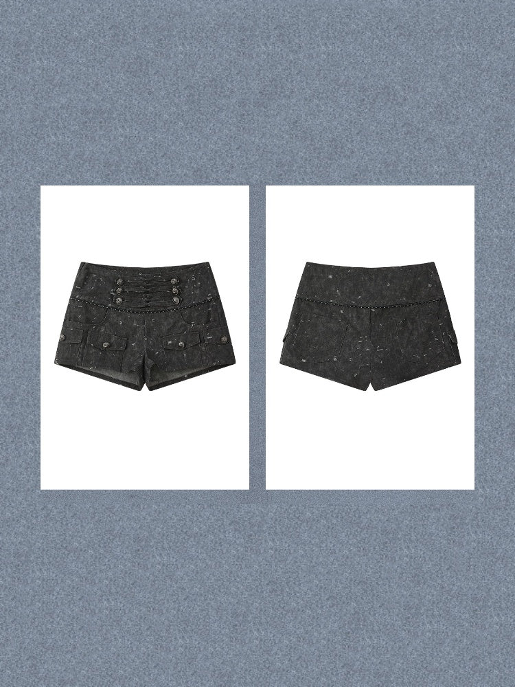 High-Waisted Button Down Distressed Ultra-Short Skinny Pants【s0000017329】