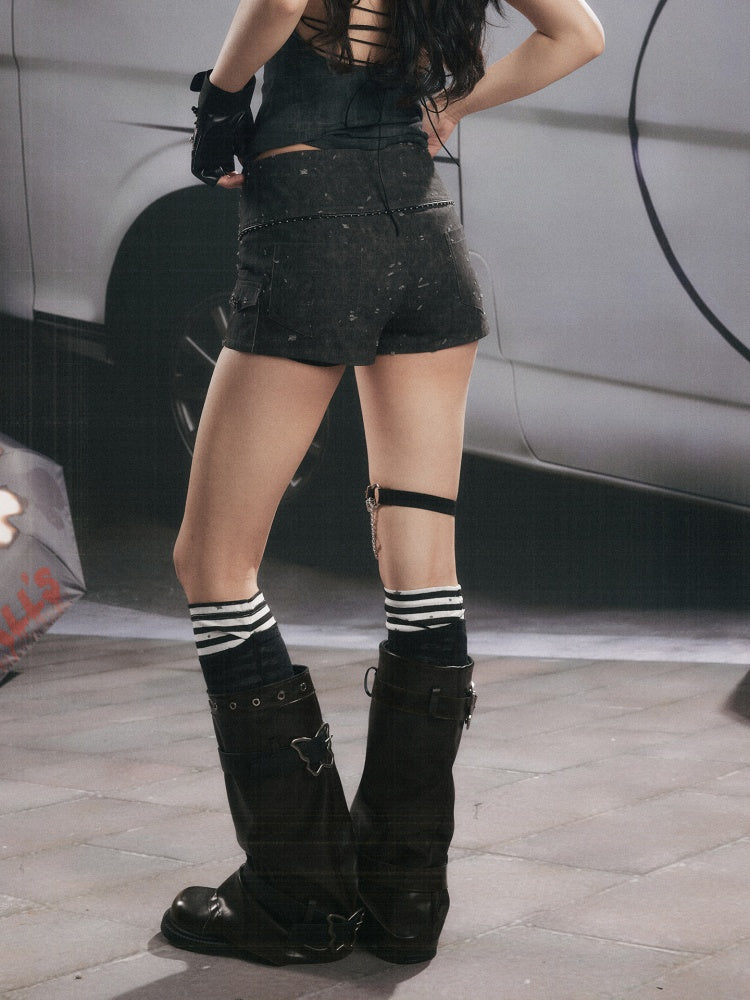 High-Waisted Button Down Distressed Ultra-Short Skinny Pants【s0000017329】