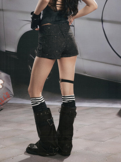 High-Waisted Button Down Distressed Ultra-Short Skinny Pants【s0000017329】