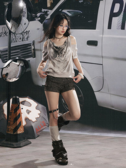 High-Waisted Button Down Distressed Ultra-Short Skinny Pants【s0000017329】