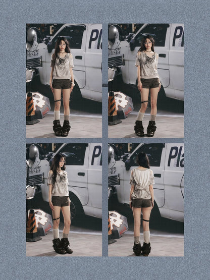 High-Waisted Button Down Distressed Ultra-Short Skinny Pants【s0000017329】