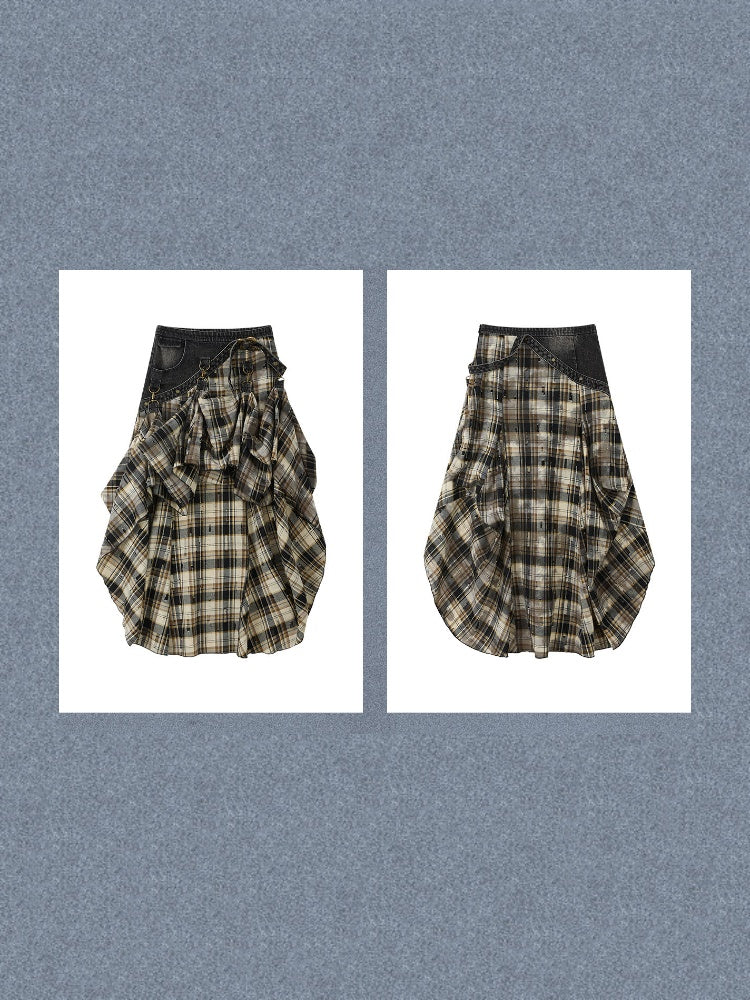 Vintage Plaid Patchwork Irregular Denim Midi Skirt【s0000017330】
