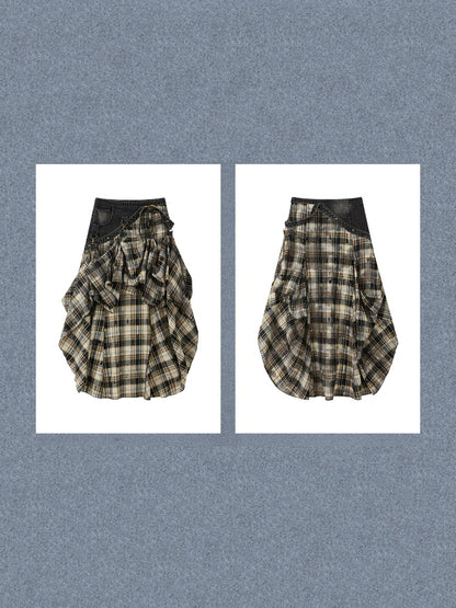 Vintage Plaid Patchwork Irregular Denim Midi Skirt【s0000017330】