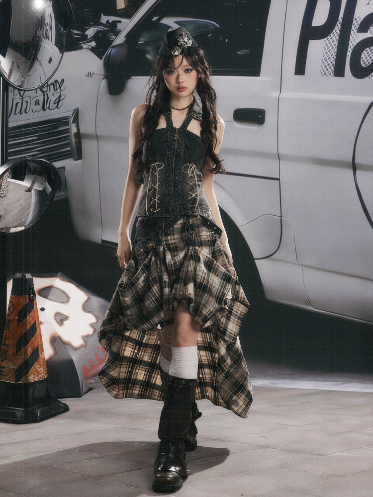 Vintage Plaid Patchwork Irregular Denim Midi Skirt【s0000017330】