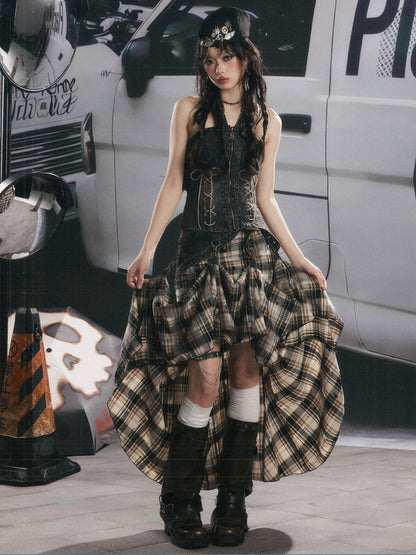 Vintage Plaid Patchwork Irregular Denim Midi Skirt【s0000017330】