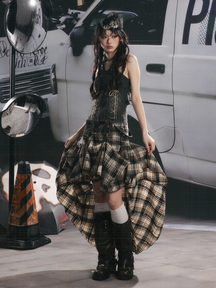 Vintage Plaid Patchwork Irregular Denim Midi Skirt【s0000017330】