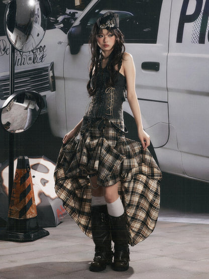 Vintage Plaid Patchwork Irregular Denim Midi Skirt【s0000017330】