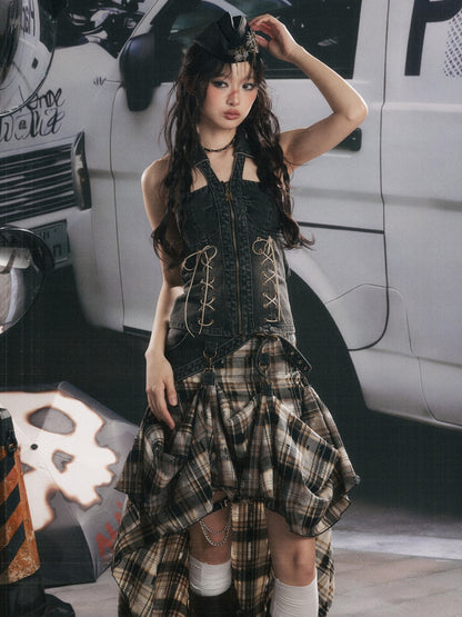 Vintage Plaid Patchwork Irregular Denim Midi Skirt【s0000017330】
