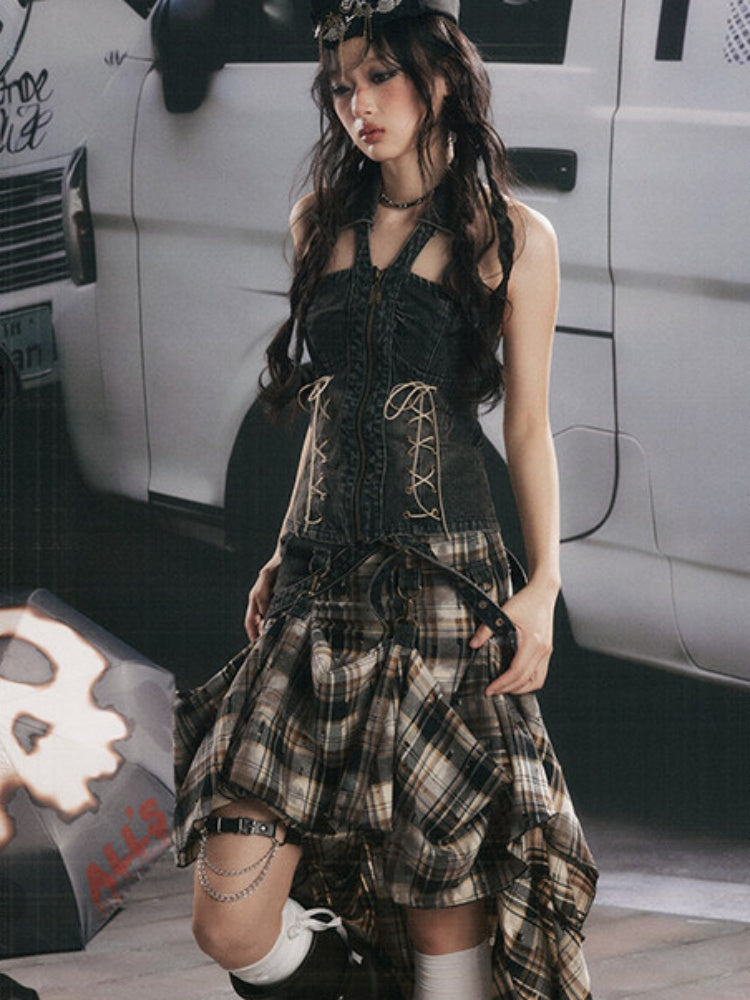 Vintage Plaid Patchwork Irregular Denim Midi Skirt【s0000017330】