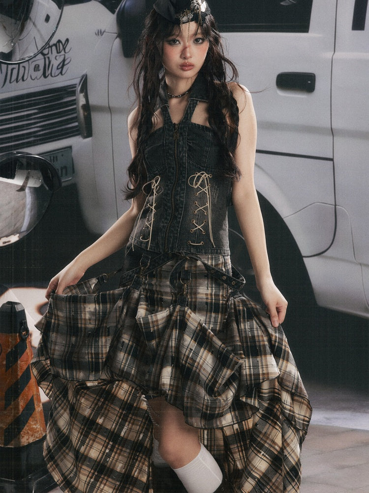 Vintage Plaid Patchwork Irregular Denim Midi Skirt【s0000017330】