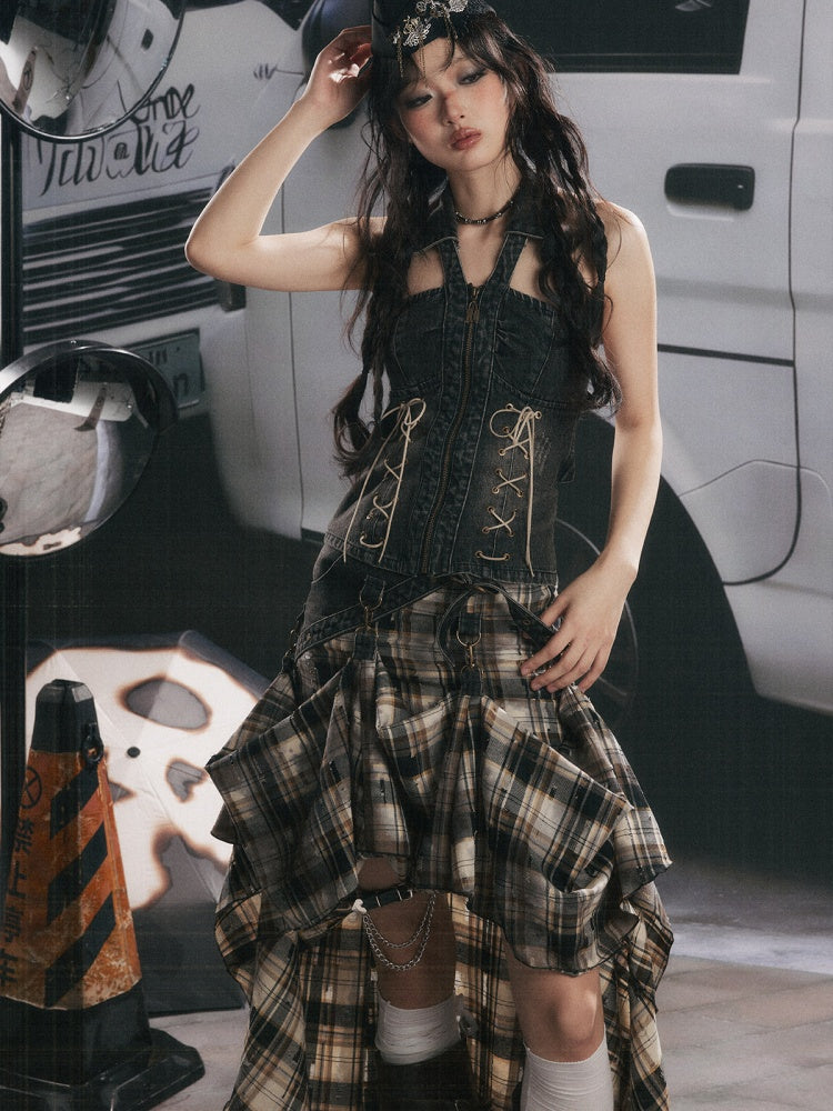 Vintage Plaid Patchwork Irregular Denim Midi Skirt【s0000017330】