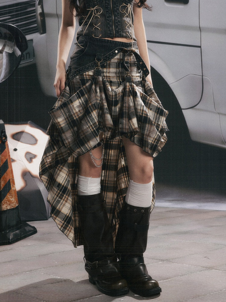 Vintage Plaid Patchwork Irregular Denim Midi Skirt【s0000017330】
