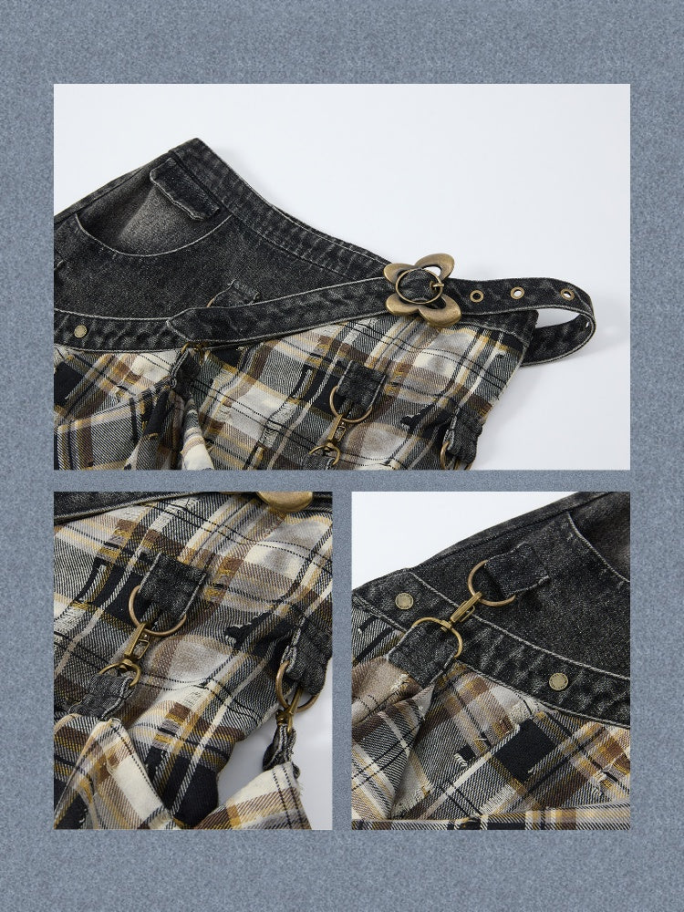 Vintage Plaid Patchwork Irregular Denim Midi Skirt【s0000017330】