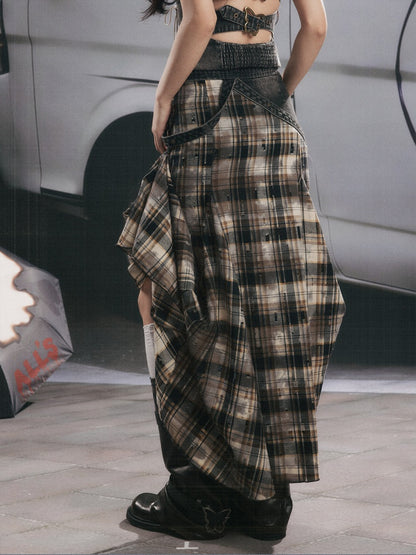 Vintage Plaid Patchwork Irregular Denim Midi Skirt【s0000017330】