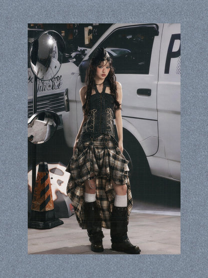 Vintage Plaid Patchwork Irregular Denim Midi Skirt【s0000017330】