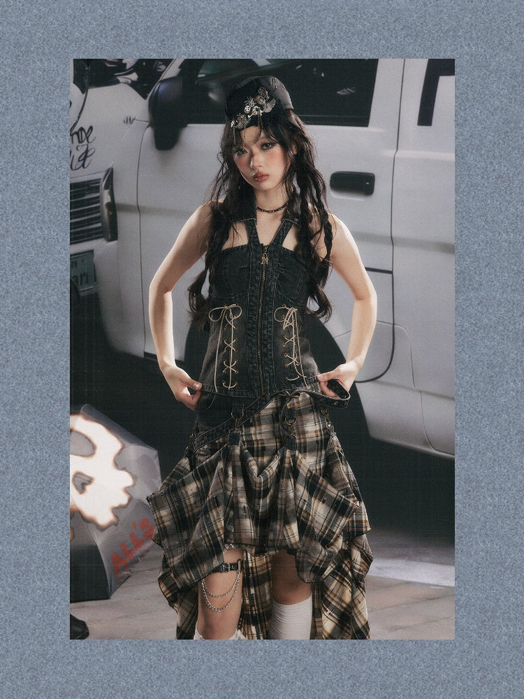 Vintage Plaid Patchwork Irregular Denim Midi Skirt【s0000017330】
