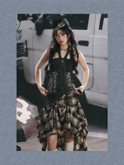 Vintage Plaid Patchwork Irregular Denim Midi Skirt【s0000017330】