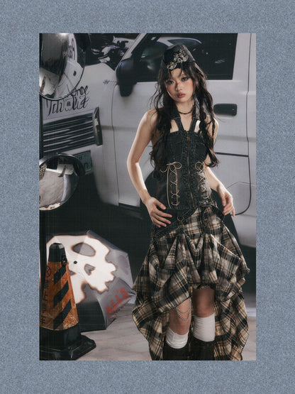 Vintage Plaid Patchwork Irregular Denim Midi Skirt【s0000017330】