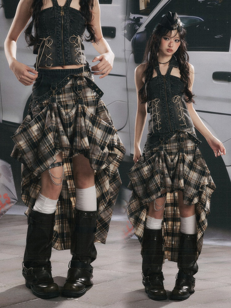 Vintage Plaid Patchwork Irregular Denim Midi Skirt【s0000017330】