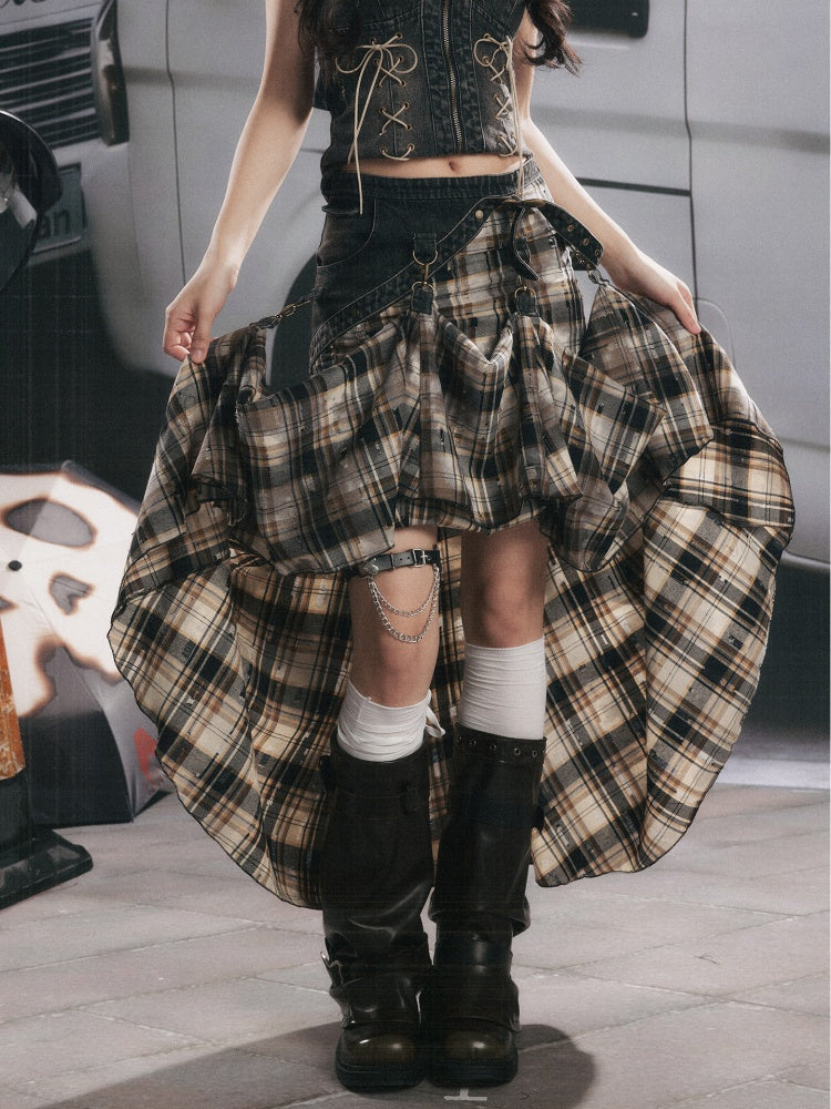 Vintage Plaid Patchwork Irregular Denim Midi Skirt【s0000017330】