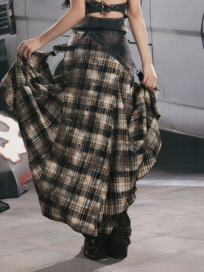 Vintage Plaid Patchwork Irregular Denim Midi Skirt【s0000017330】