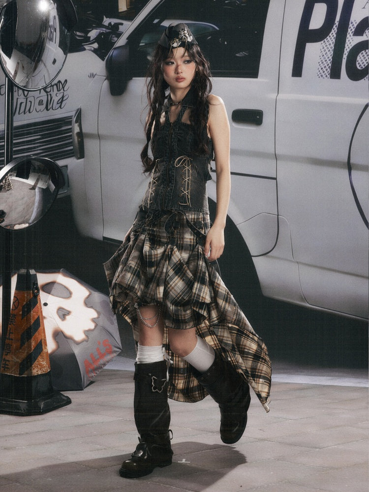 Vintage Plaid Patchwork Irregular Denim Midi Skirt【s0000017330】