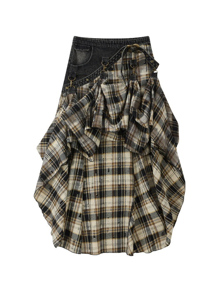 Vintage Plaid Patchwork Irregular Denim Midi Skirt【s0000017330】