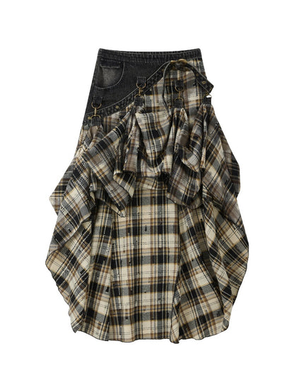 Vintage Plaid Patchwork Irregular Denim Midi Skirt【s0000017330】