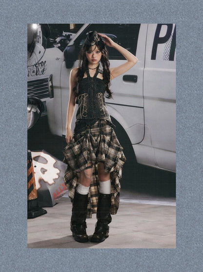 Vintage Plaid Patchwork Irregular Denim Midi Skirt【s0000017330】