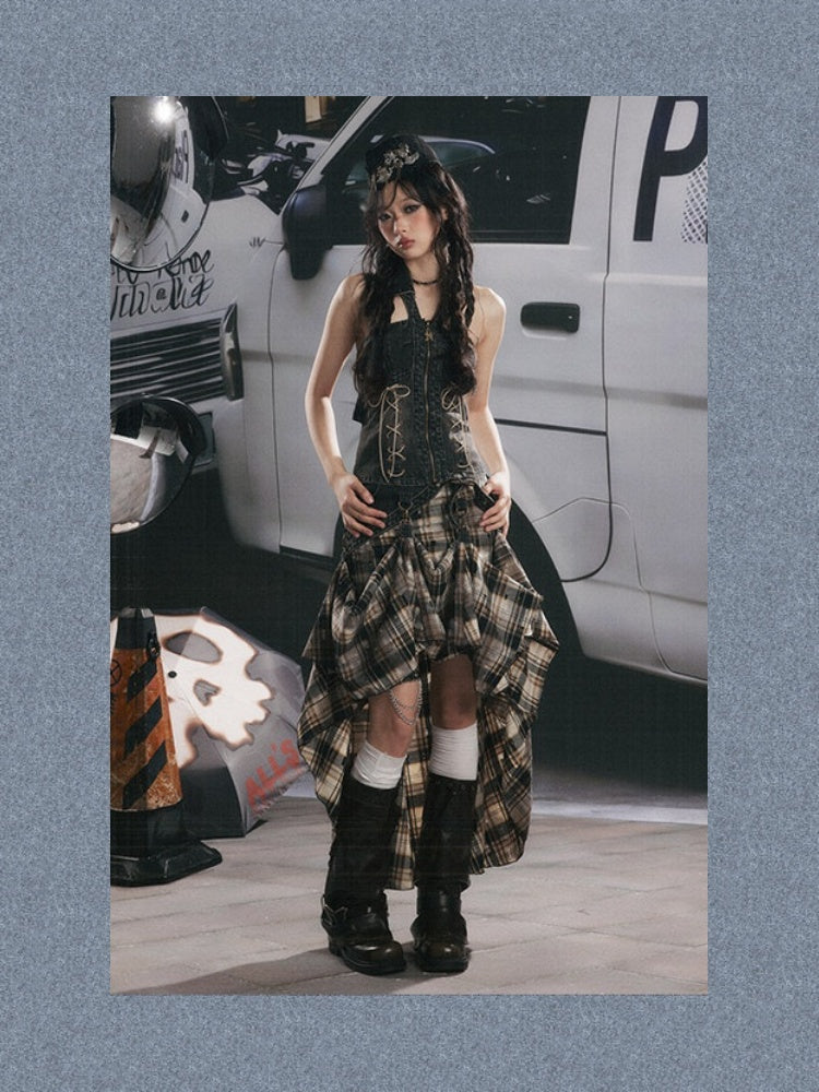 Vintage Plaid Patchwork Irregular Denim Midi Skirt【s0000017330】
