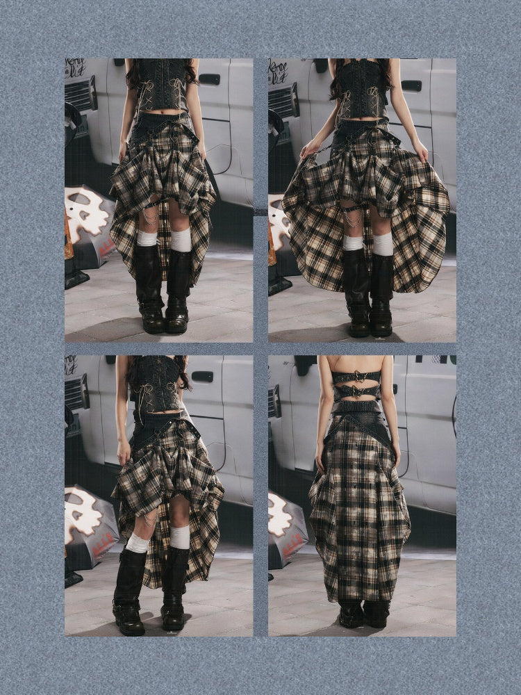 Vintage Plaid Patchwork Irregular Denim Midi Skirt【s0000017330】