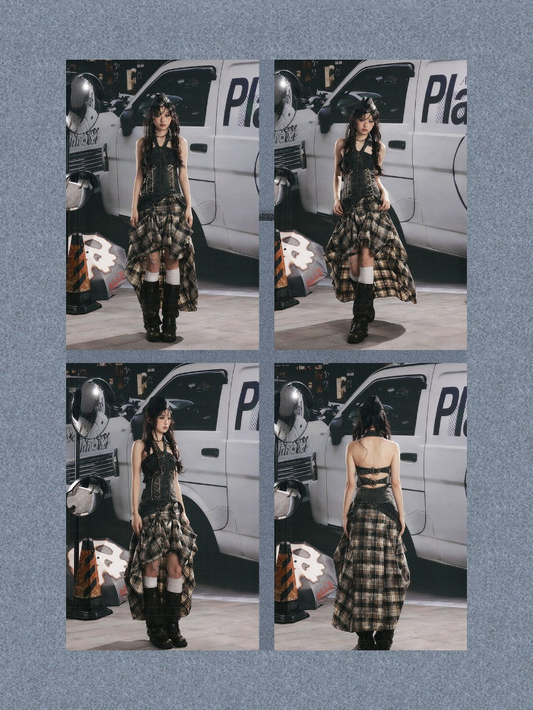 Vintage Plaid Patchwork Irregular Denim Midi Skirt【s0000017330】