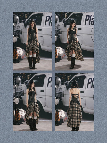 Vintage Plaid Patchwork Irregular Denim Midi Skirt【s0000017330】