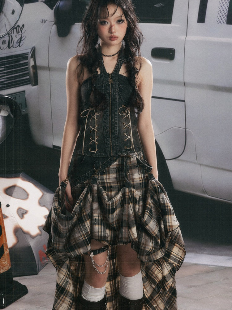 Vintage Plaid Patchwork Irregular Denim Midi Skirt【s0000017330】