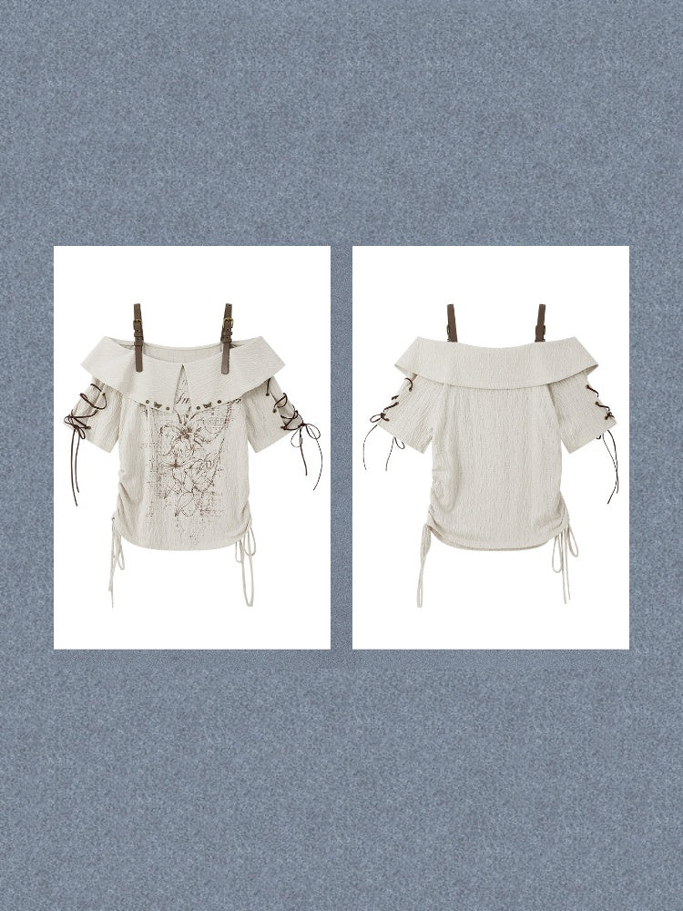 Printed Tie-Up Off-Shoulder T-Shirt【s0000017331】