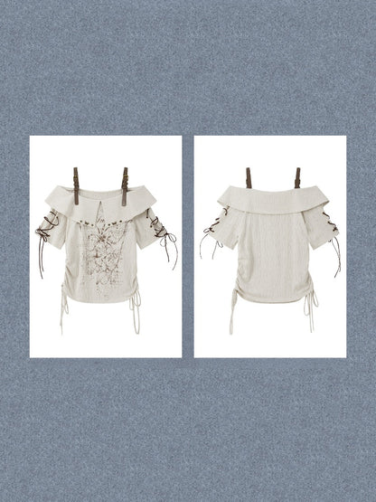Printed Tie-Up Off-Shoulder T-Shirt【s0000017331】