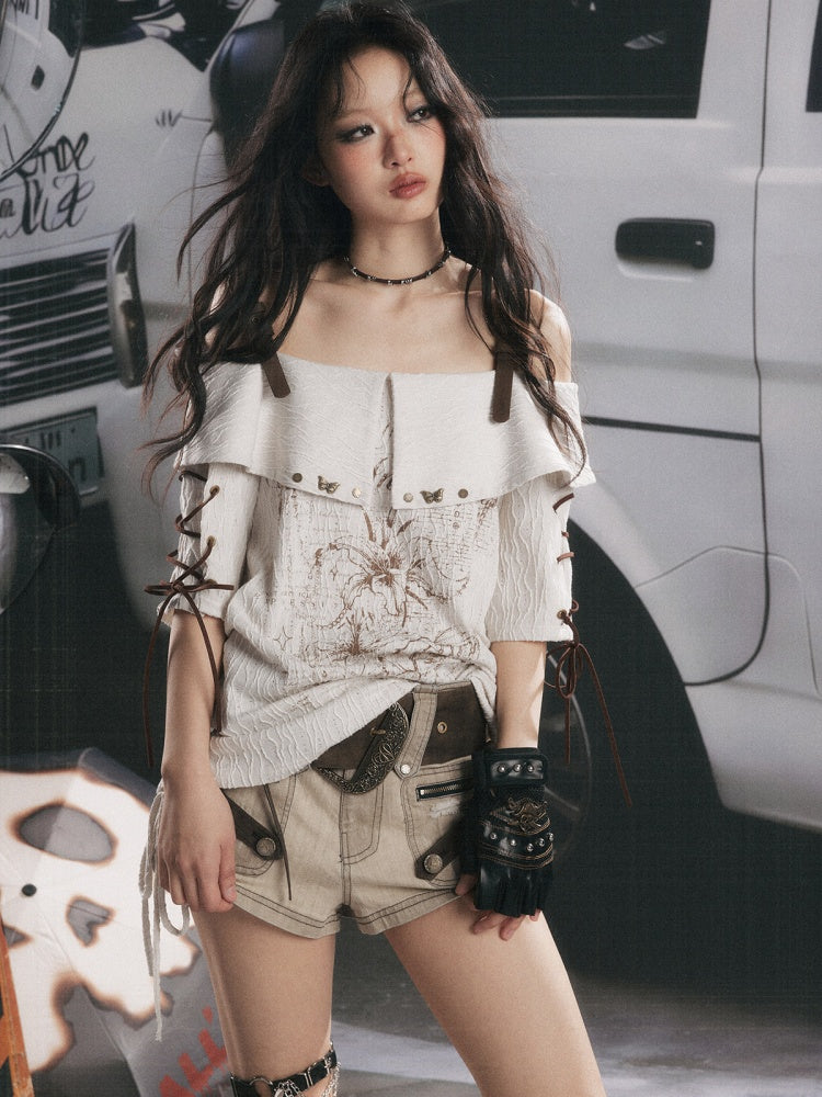 Printed Tie-Up Off-Shoulder T-Shirt【s0000017331】
