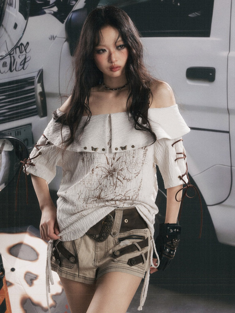 Printed Tie-Up Off-Shoulder T-Shirt【s0000017331】
