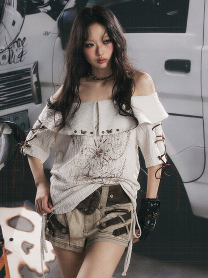 Printed Tie-Up Off-Shoulder T-Shirt【s0000017331】