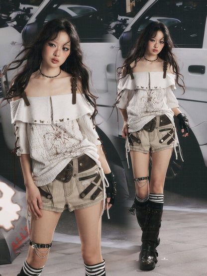Printed Tie-Up Off-Shoulder T-Shirt【s0000017331】