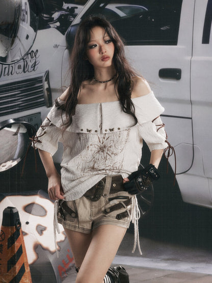 Printed Tie-Up Off-Shoulder T-Shirt【s0000017331】