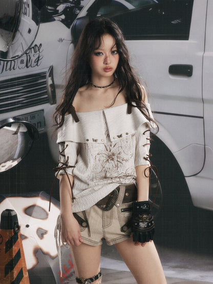 Printed Tie-Up Off-Shoulder T-Shirt【s0000017331】