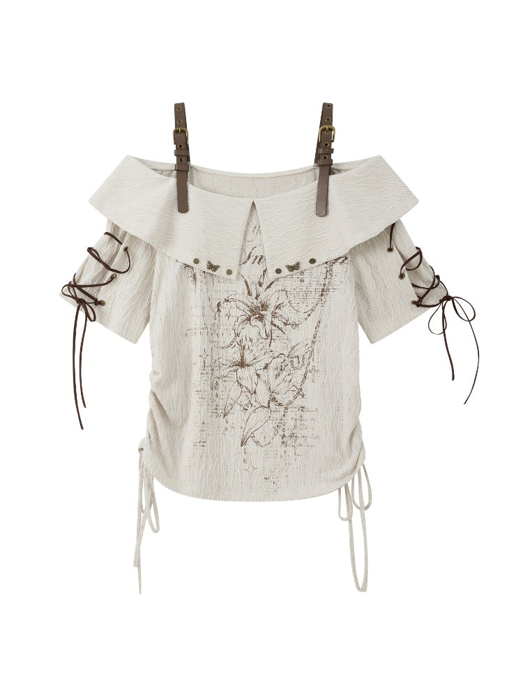 Printed Tie-Up Off-Shoulder T-Shirt【s0000017331】
