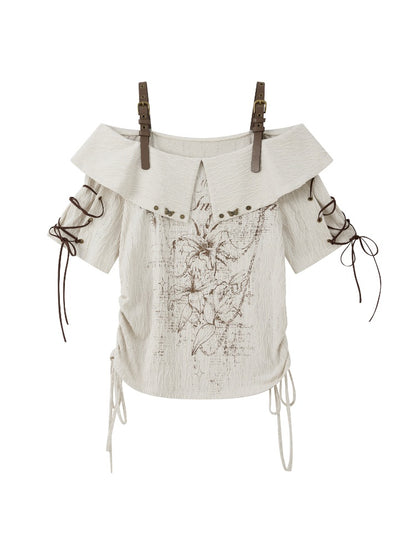 Printed Tie-Up Off-Shoulder T-Shirt【s0000017331】