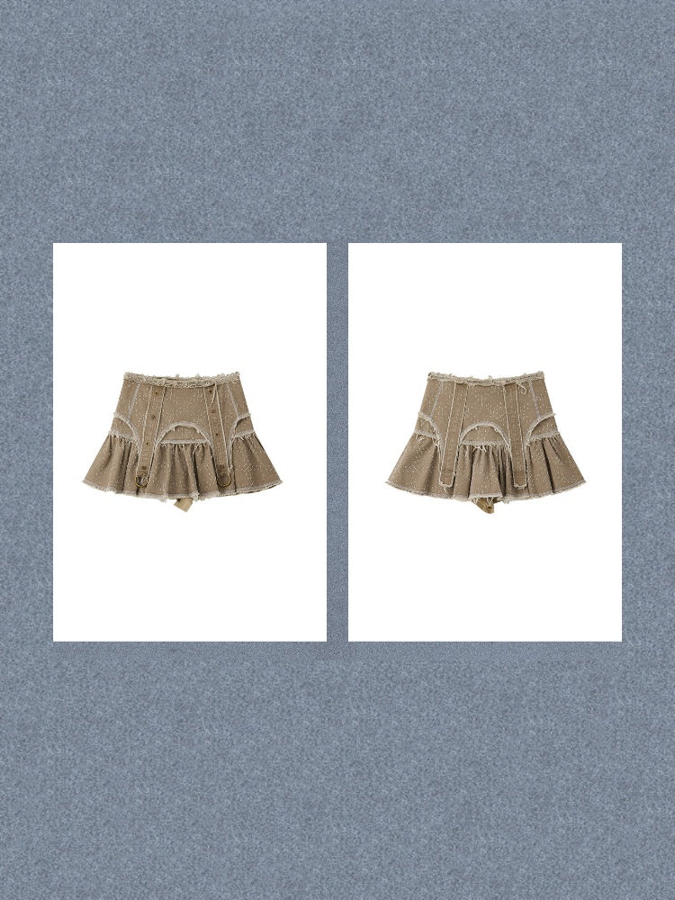 Distressed Pleated Workwear High-Waisted A-Line Short Skirt【s0000017332】