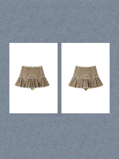 Distressed Pleated Workwear High-Waisted A-Line Short Skirt【s0000017332】