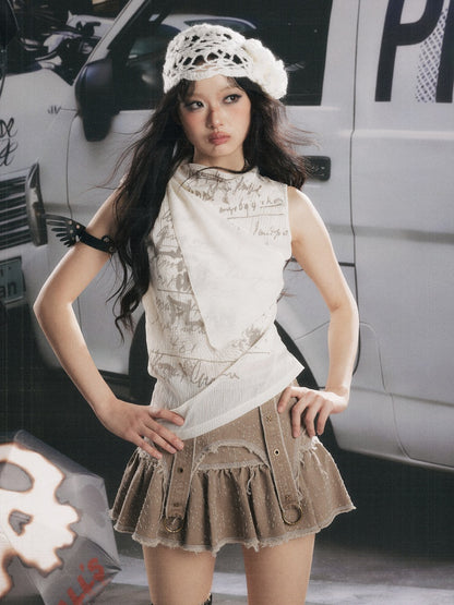 Distressed Pleated Workwear High-Waisted A-Line Short Skirt【s0000017332】
