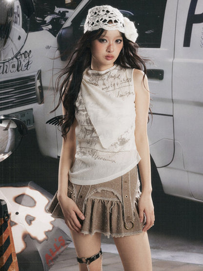 Distressed Pleated Workwear High-Waisted A-Line Short Skirt【s0000017332】