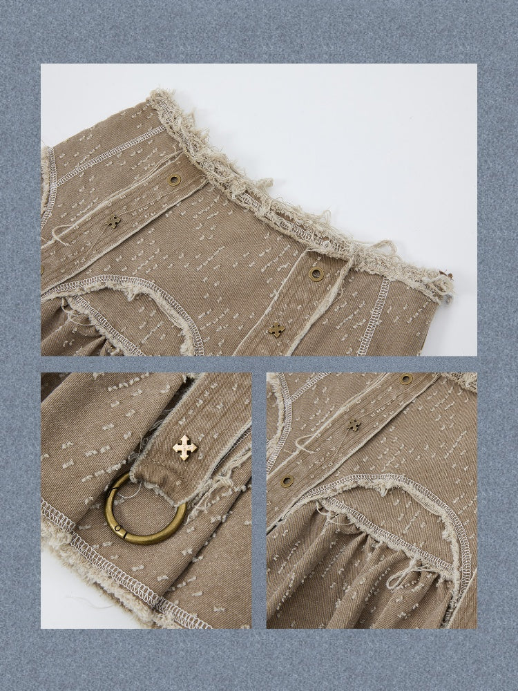 Distressed Pleated Workwear High-Waisted A-Line Short Skirt【s0000017332】