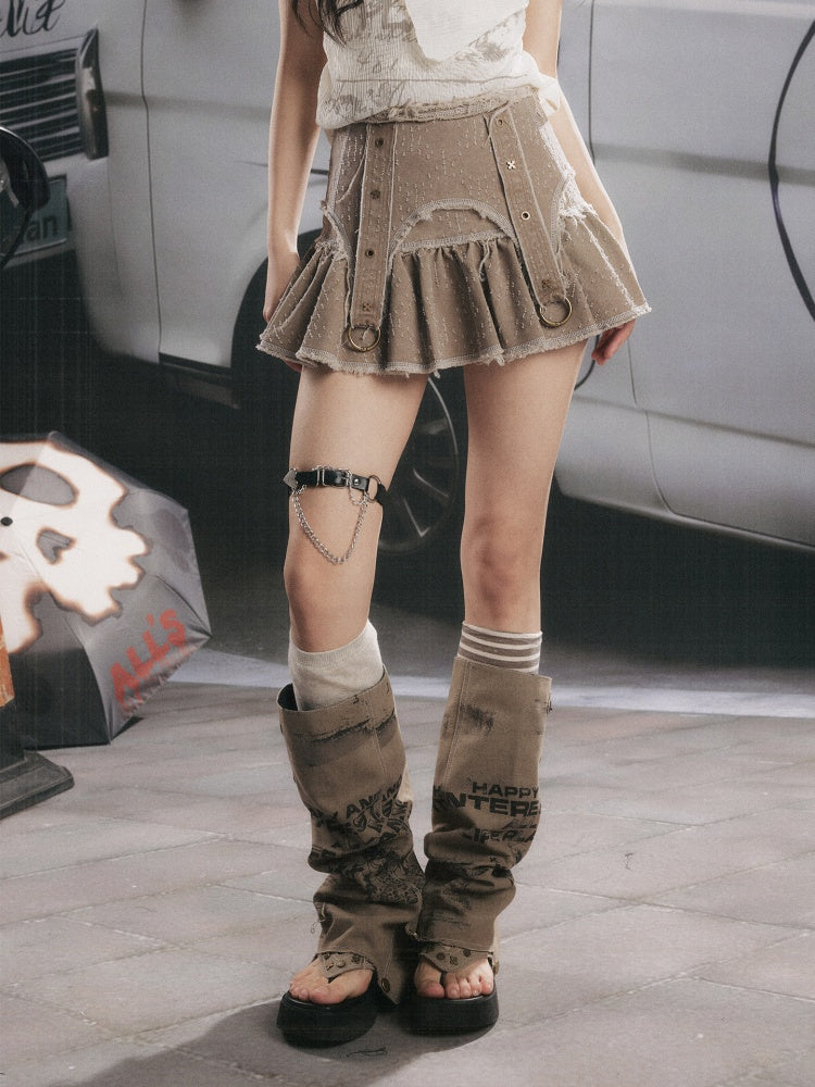 Distressed Pleated Workwear High-Waisted A-Line Short Skirt【s0000017332】